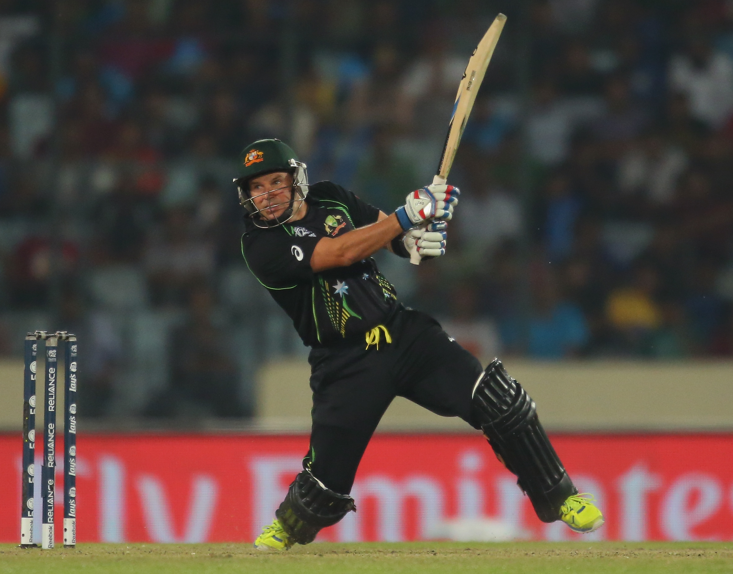 DHAKA, BANGLADESH - MARCH 23: Brad Hodge of Australia bats during the ICC World Twenty20 Bangladesh 2014 match between Australia and Pakistan at Sher-e-Bangla Mirpur Stadium on March 23, 2014 in Dhaka, Bangladesh. (Photo by Scott Barbour/Getty Images)